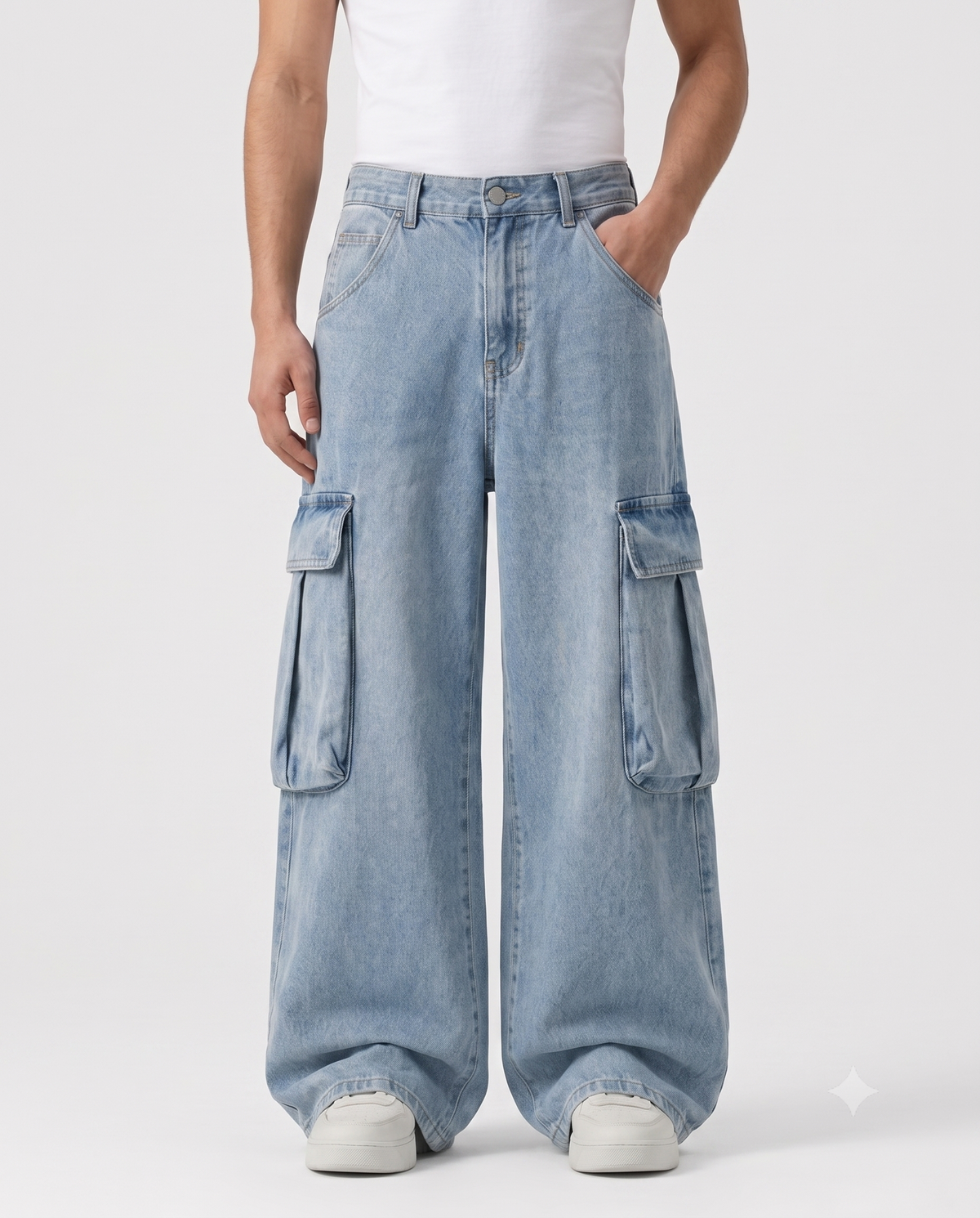 Big Easy Cargo Jeans — Pale Wash on model — waist and pocket detail
