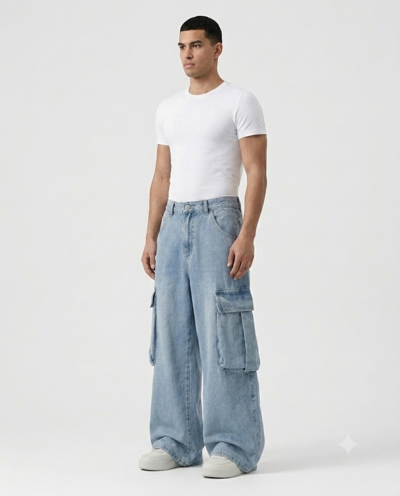 Big Easy Cargo Jeans — Pale Wash on model — three-quarter view