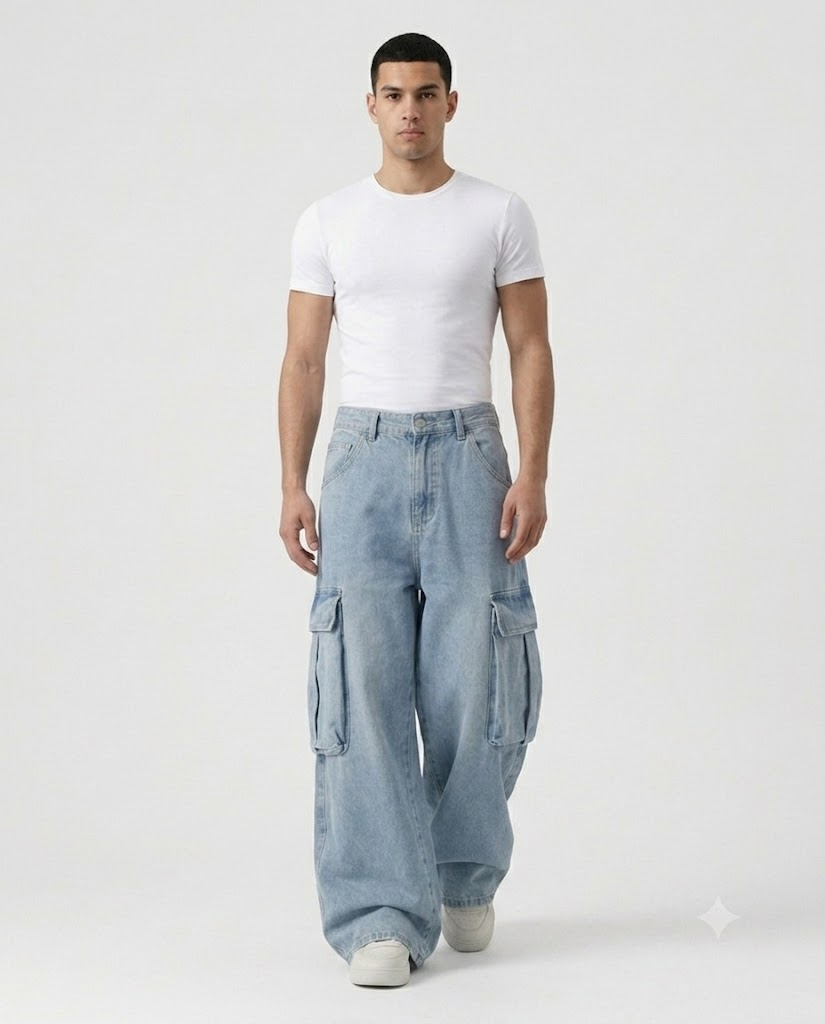 Big Easy Cargo Jeans — Pale Wash on model — walking, fabric in motion