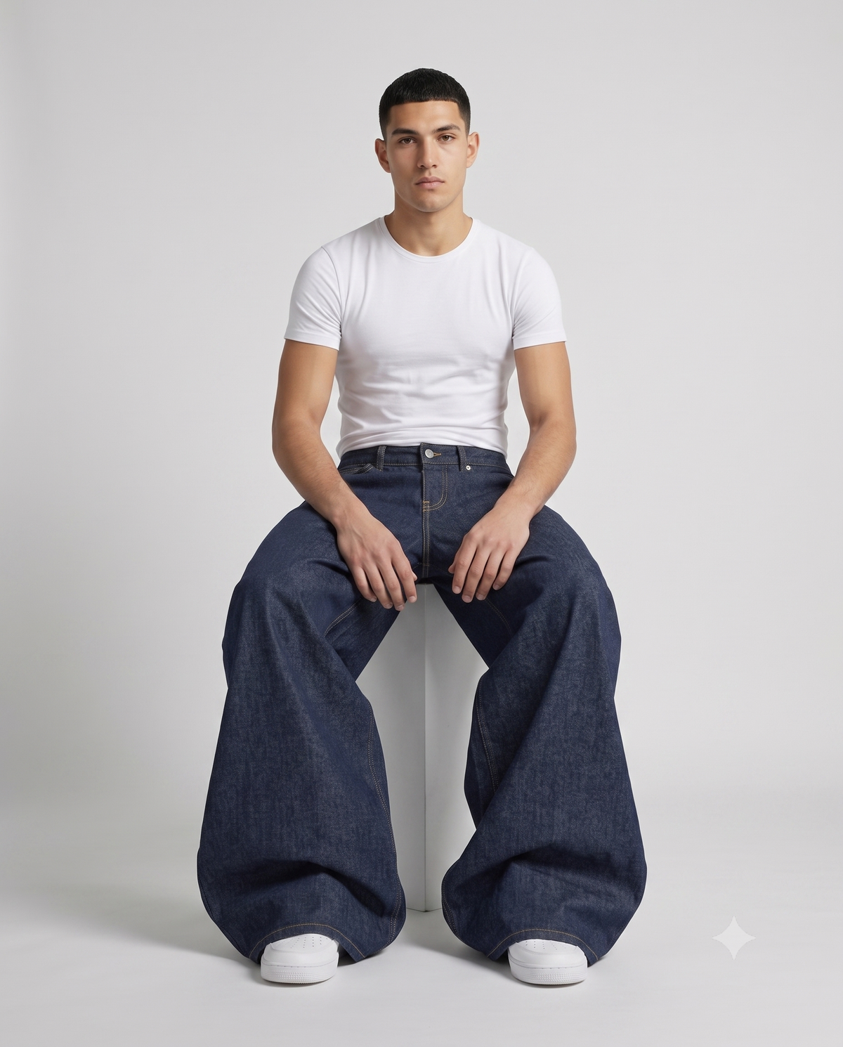 Cooper Jeans — Night Wash on model — seated fit view