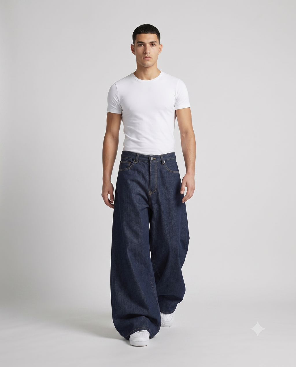 Cooper Jeans — Night Wash on model — walking, fabric in motion
