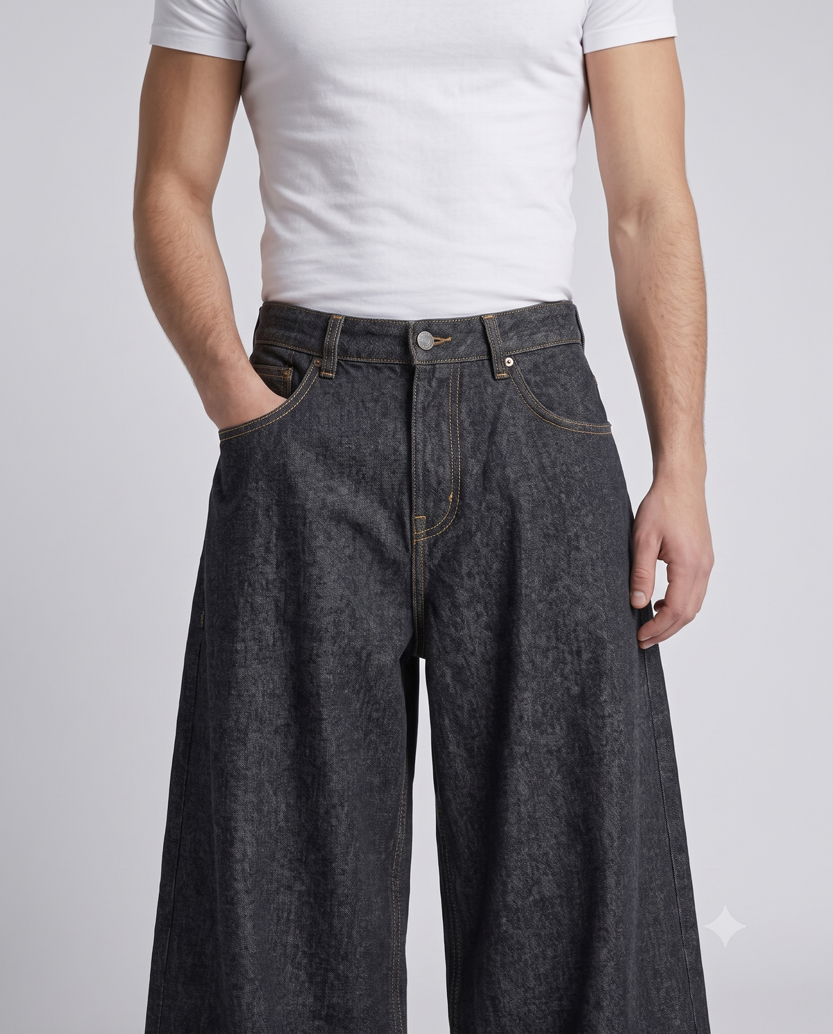 Boulevard Embroidered Jeans — Patch Indigo on model — waist and pocket detail