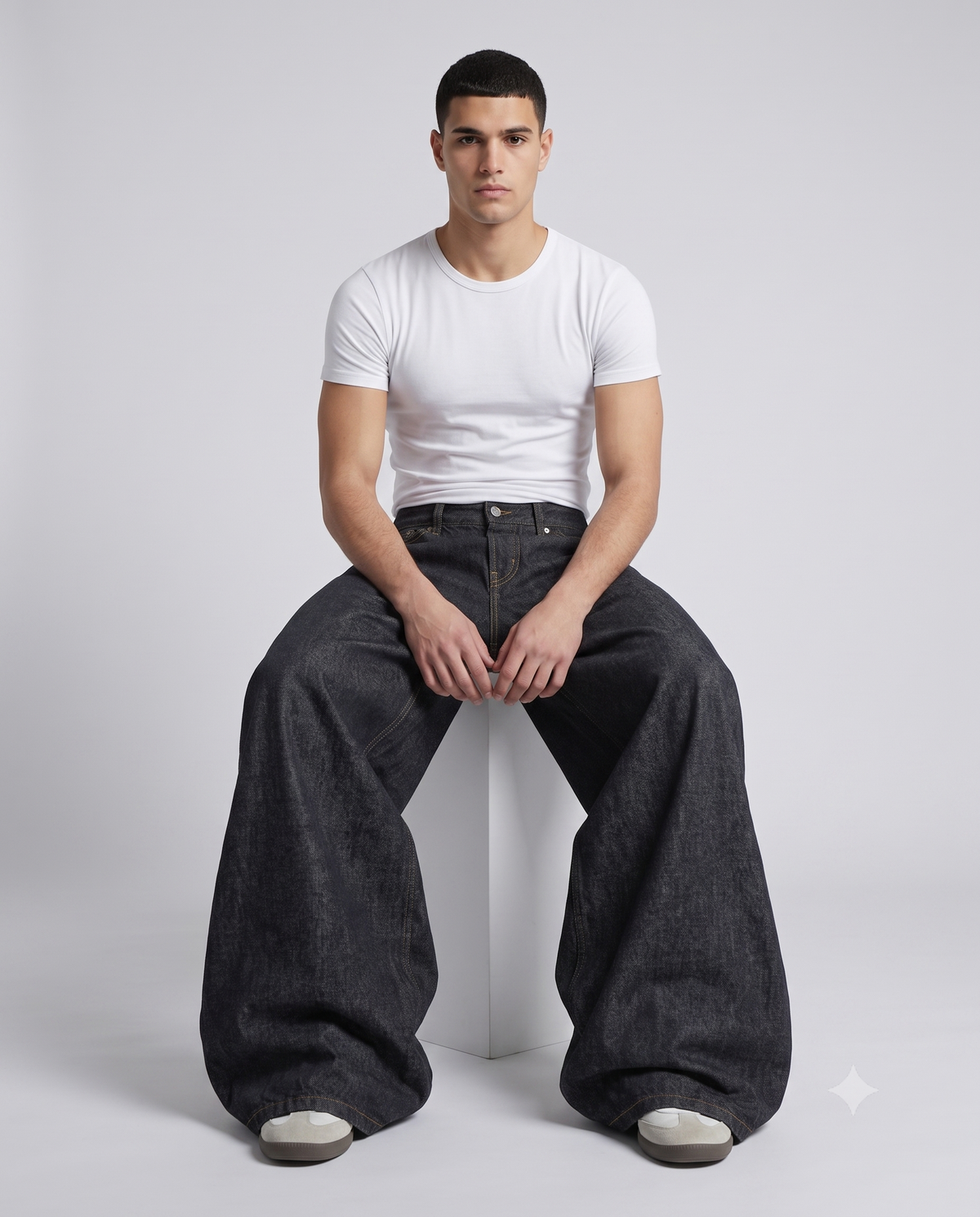 Boulevard Embroidered Jeans — Patch Indigo on model — seated fit view