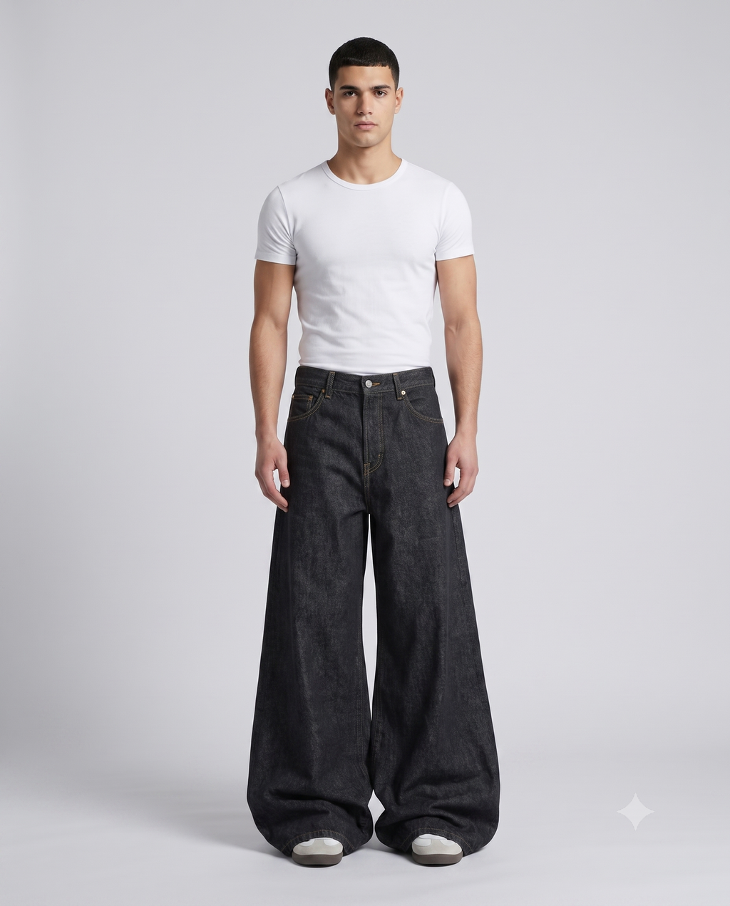 Boulevard Embroidered Jeans — Patch Indigo on model — walking, fabric in motion
