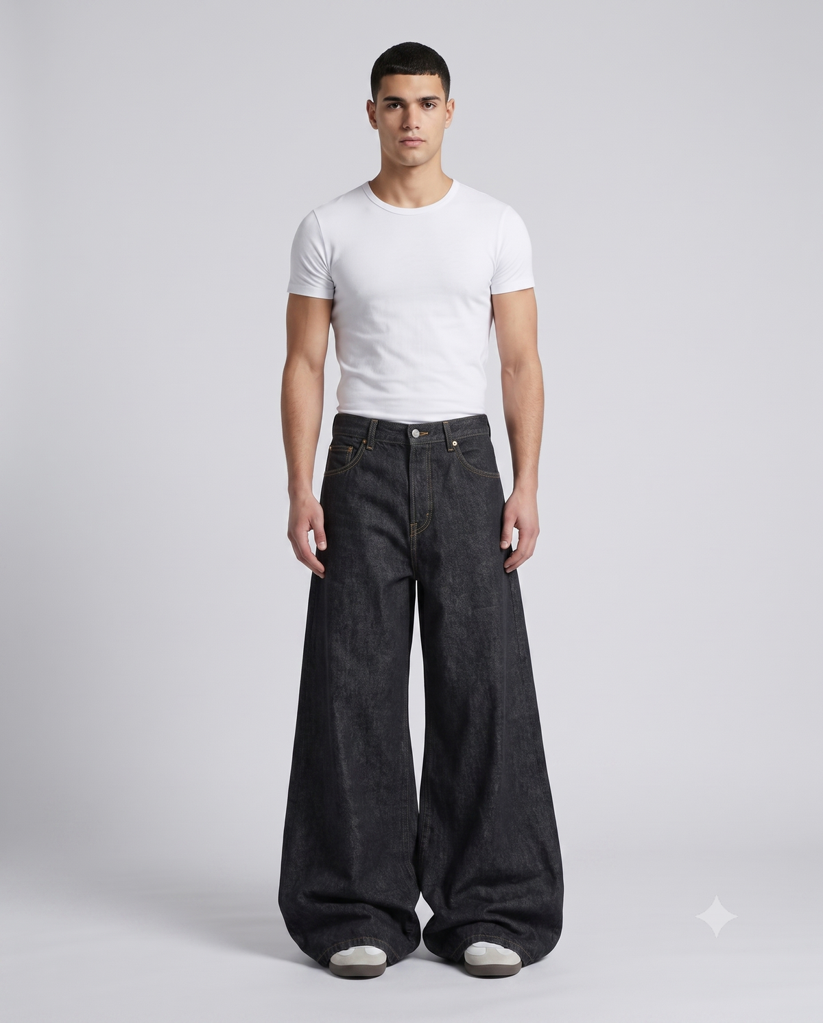 Boulevard Embroidered Jeans — Patch Indigo on model — walking, fabric in motion