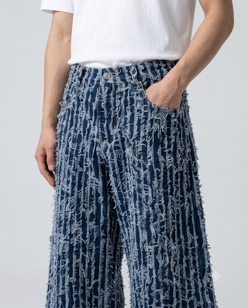 Maxout Jeans — Midnight Stripe on model — waist and pocket detail