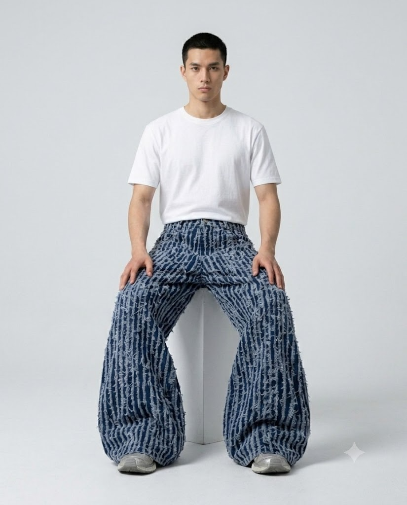 Maxout Jeans — Midnight Stripe on model — seated fit view