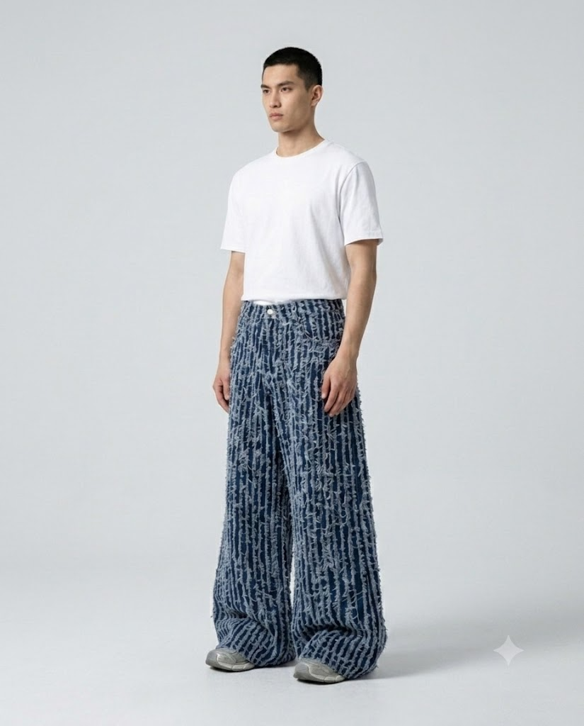 Maxout Jeans — Midnight Stripe on model — three-quarter view