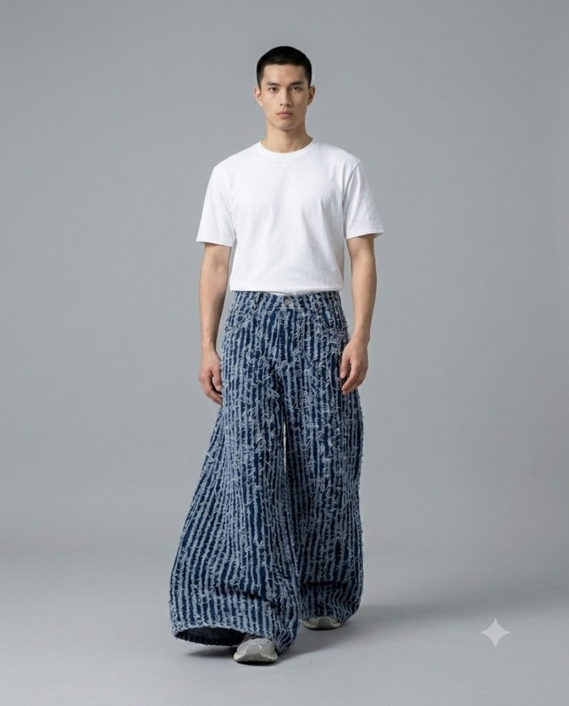 Maxout Jeans — Midnight Stripe on model — walking, fabric in motion