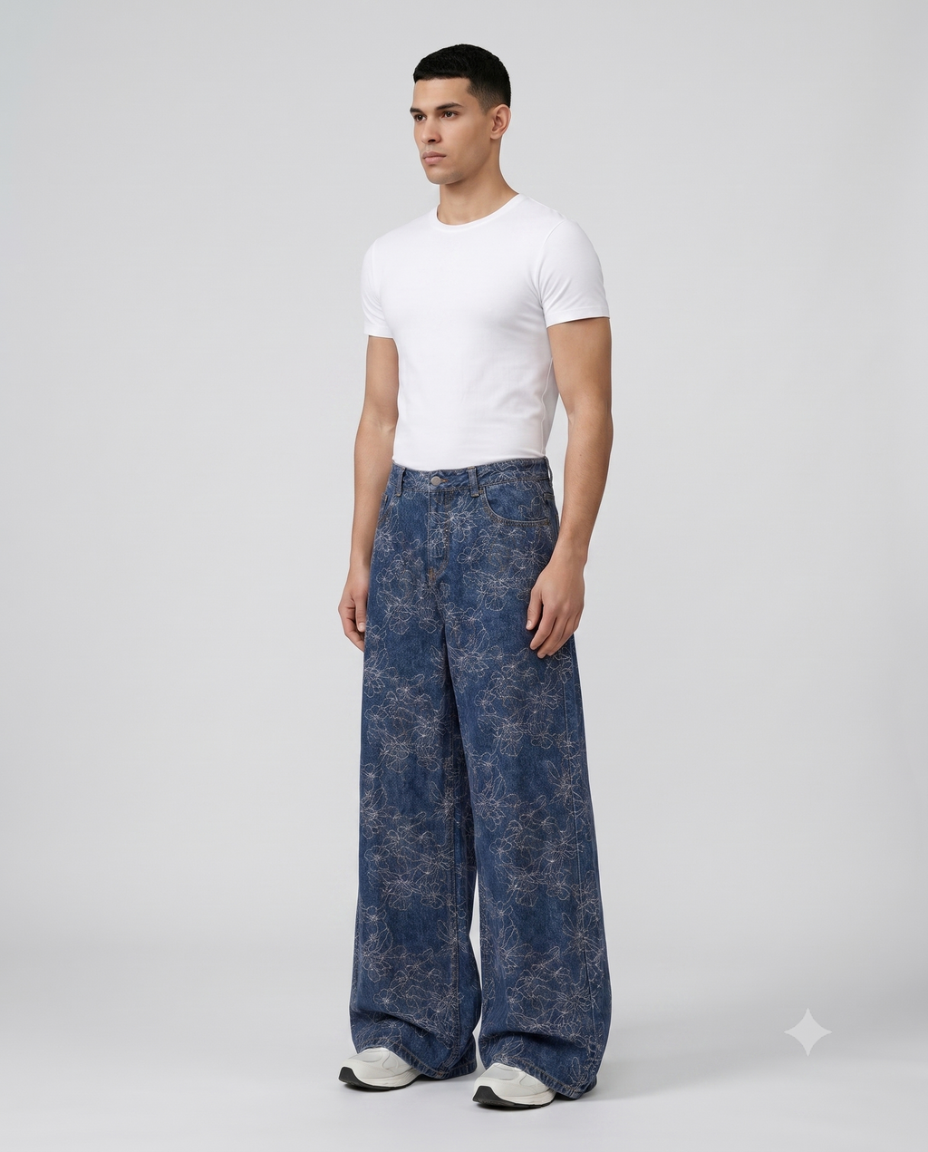 Boulevard Jeans — Bloom Indigo on model — three-quarter view