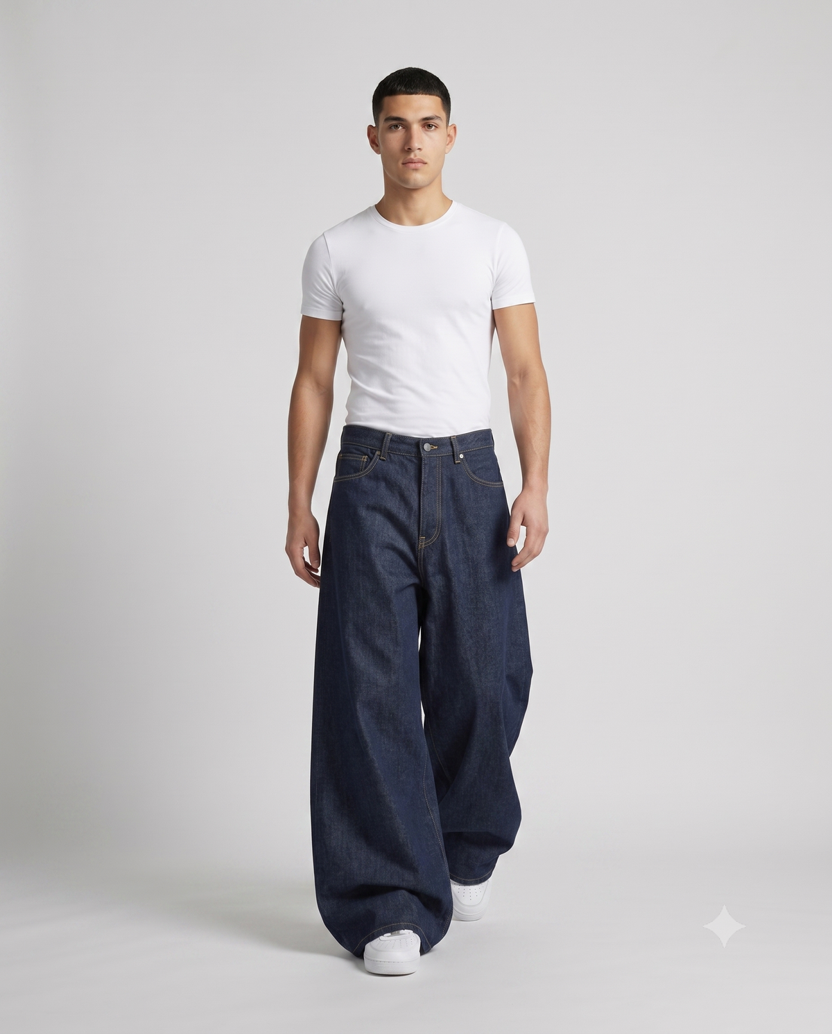 Boulevard Jeans — Bloom Indigo on model — walking, fabric in motion