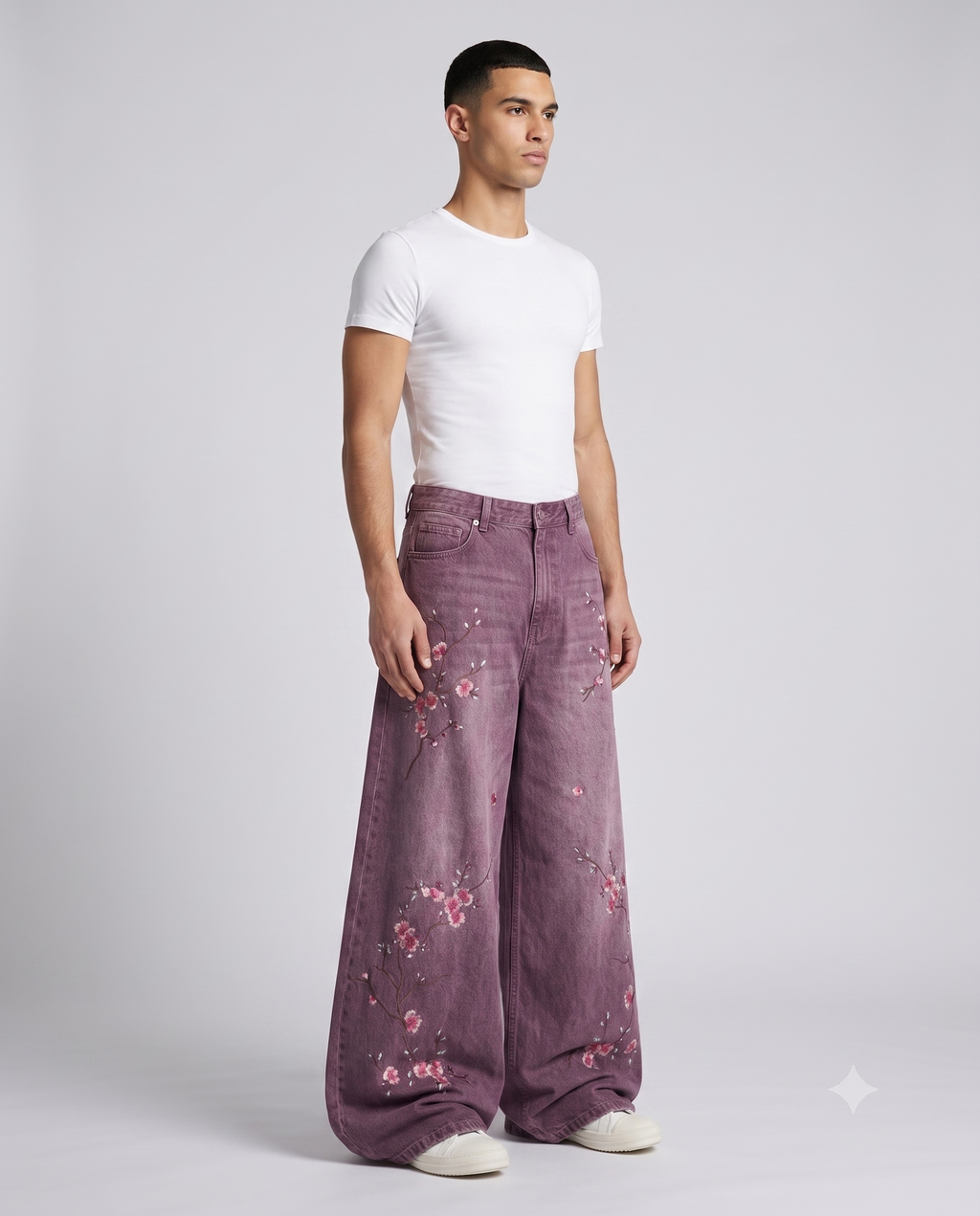 Big Easy Embroidered Jeans — Plum Wash on model — three-quarter view