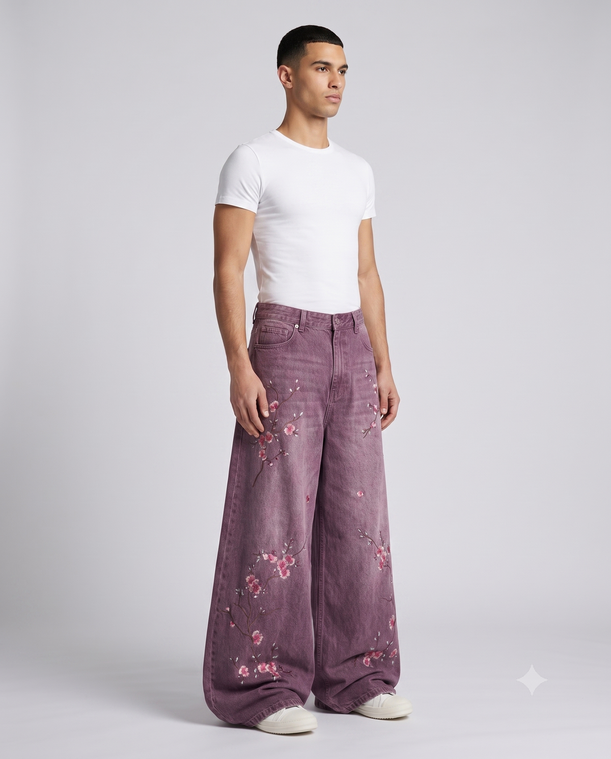 Big Easy Embroidered Jeans — Plum Wash on model — three-quarter view
