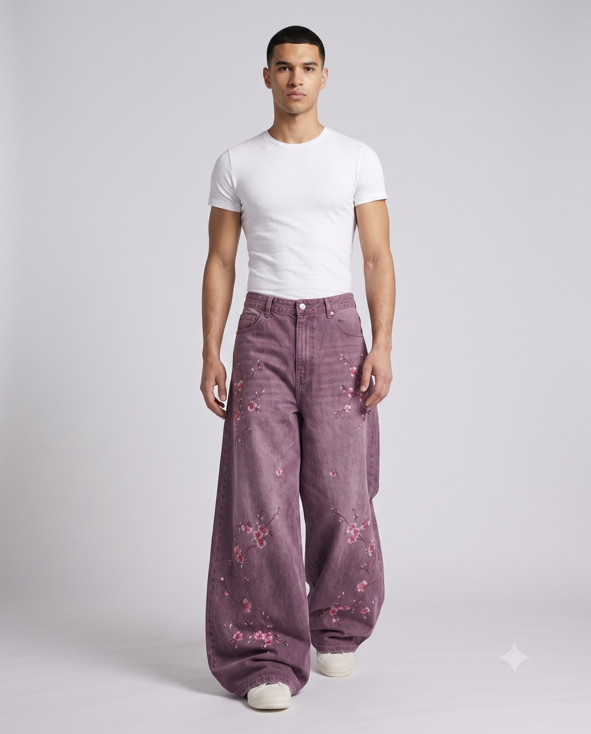 Big Easy Embroidered Jeans — Plum Wash on model — walking, fabric in motion