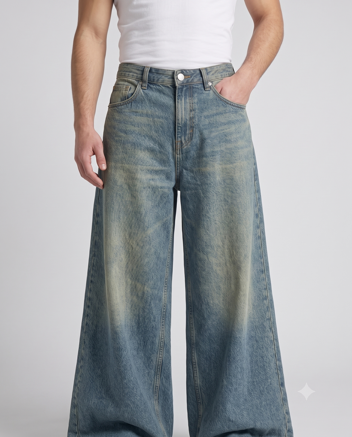 Easy Jeans — Vintage Blue on model — waist and pocket detail