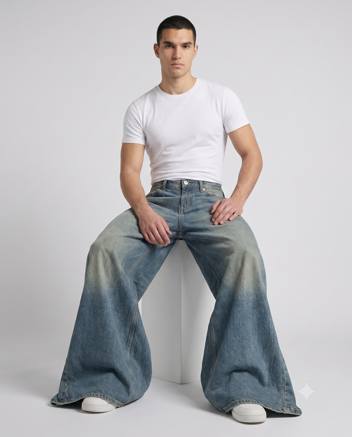 Easy Jeans — Vintage Blue on model — seated fit view