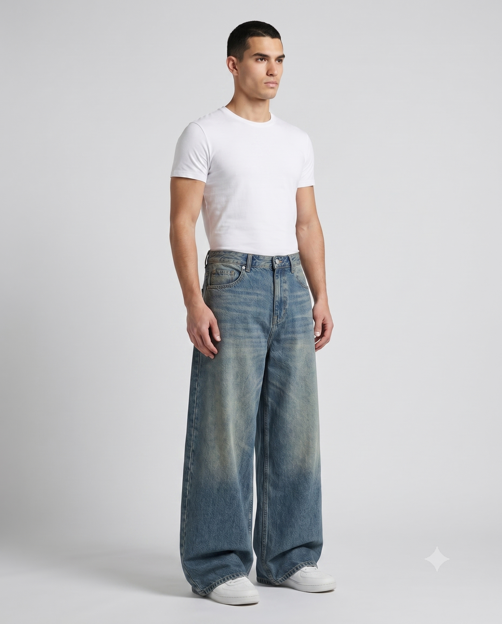 Easy Jeans — Vintage Blue on model — three-quarter view
