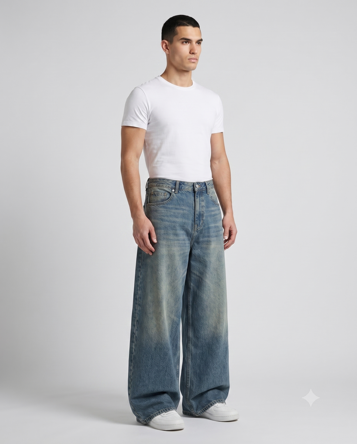 Easy Jeans — Vintage Blue on model — three-quarter view