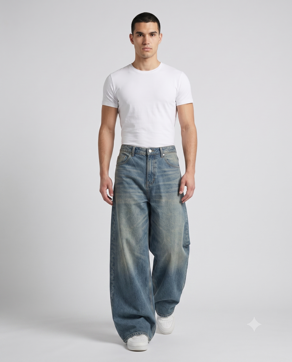 Easy Jeans — Vintage Blue on model — walking, fabric in motion