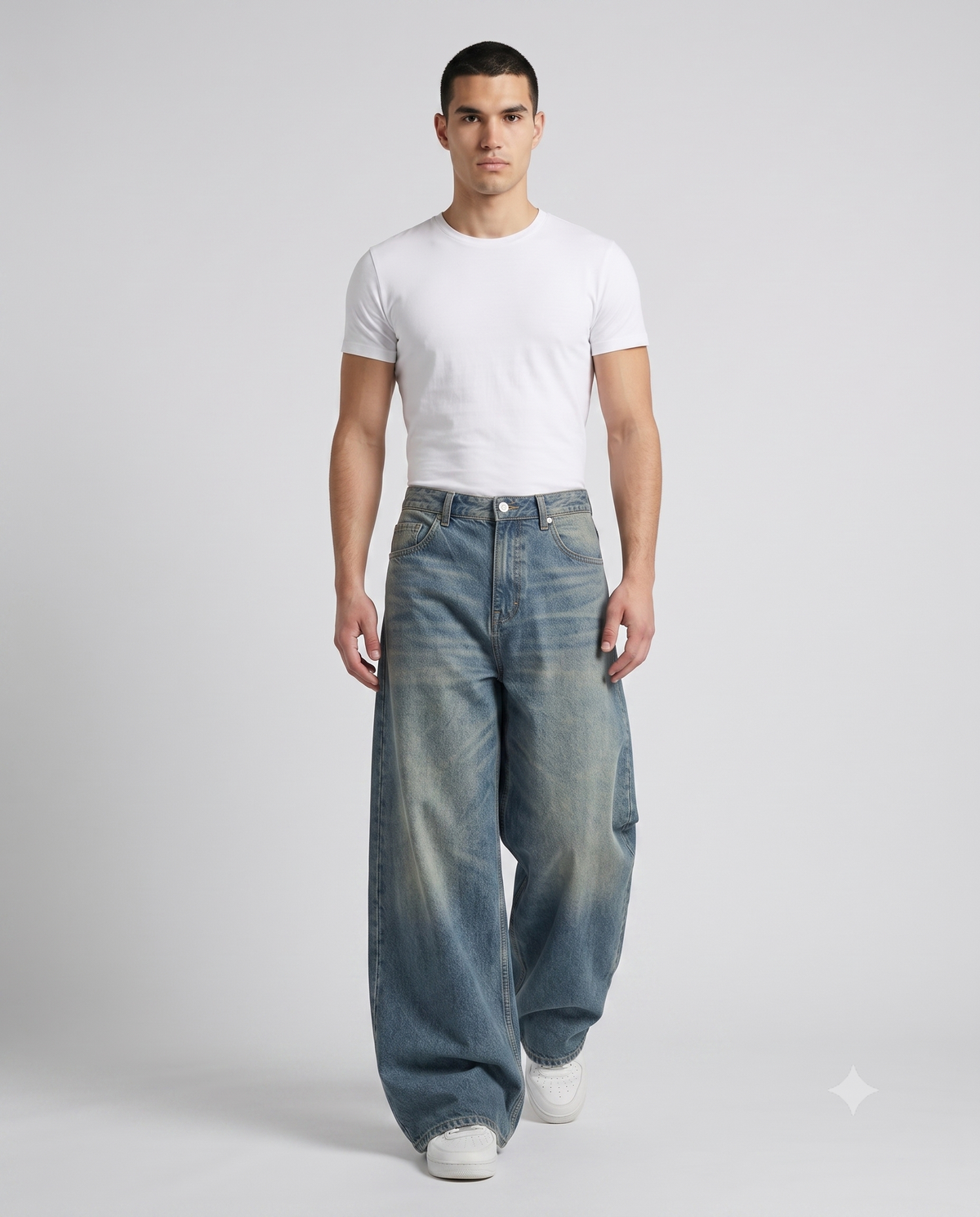 Easy Jeans — Vintage Blue on model — walking, fabric in motion