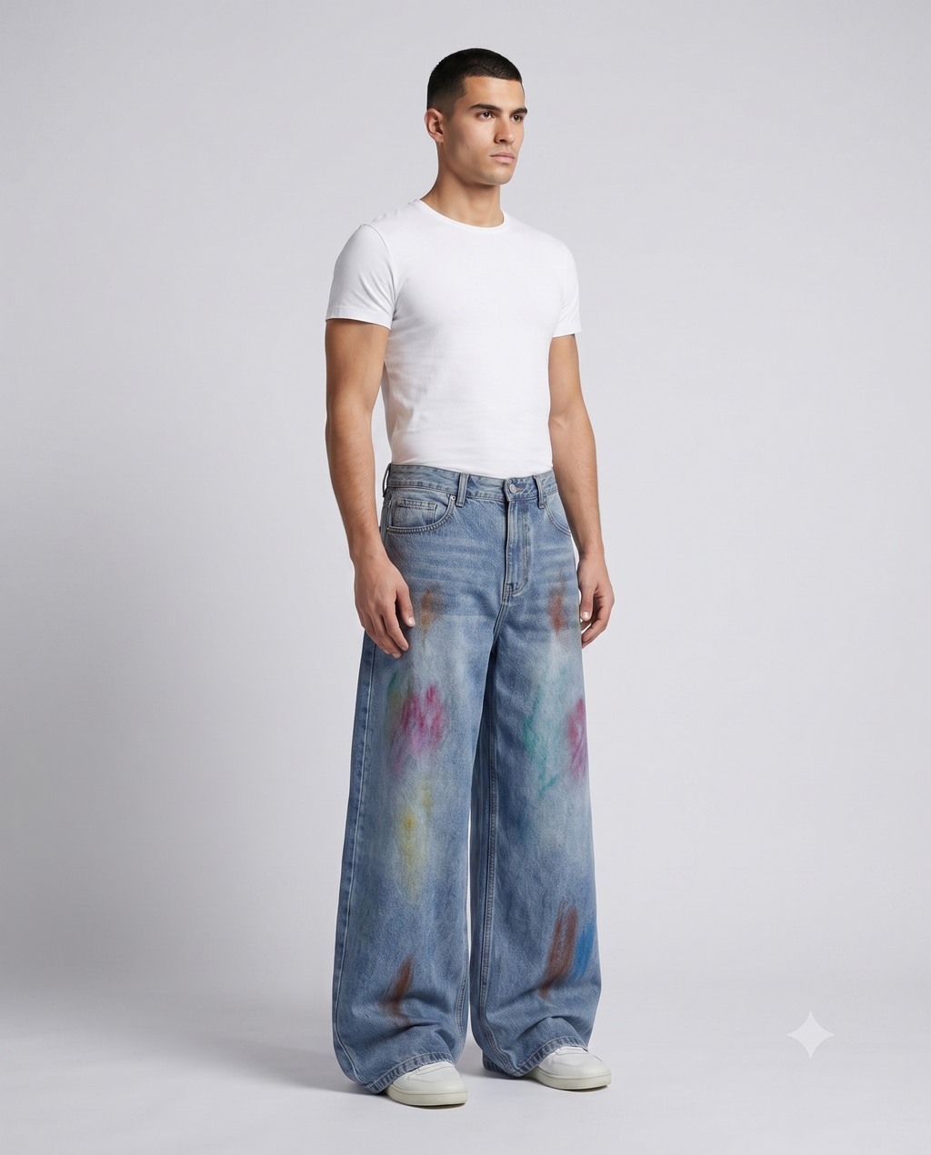Slack Jeans — Ink Drip on model — three-quarter view