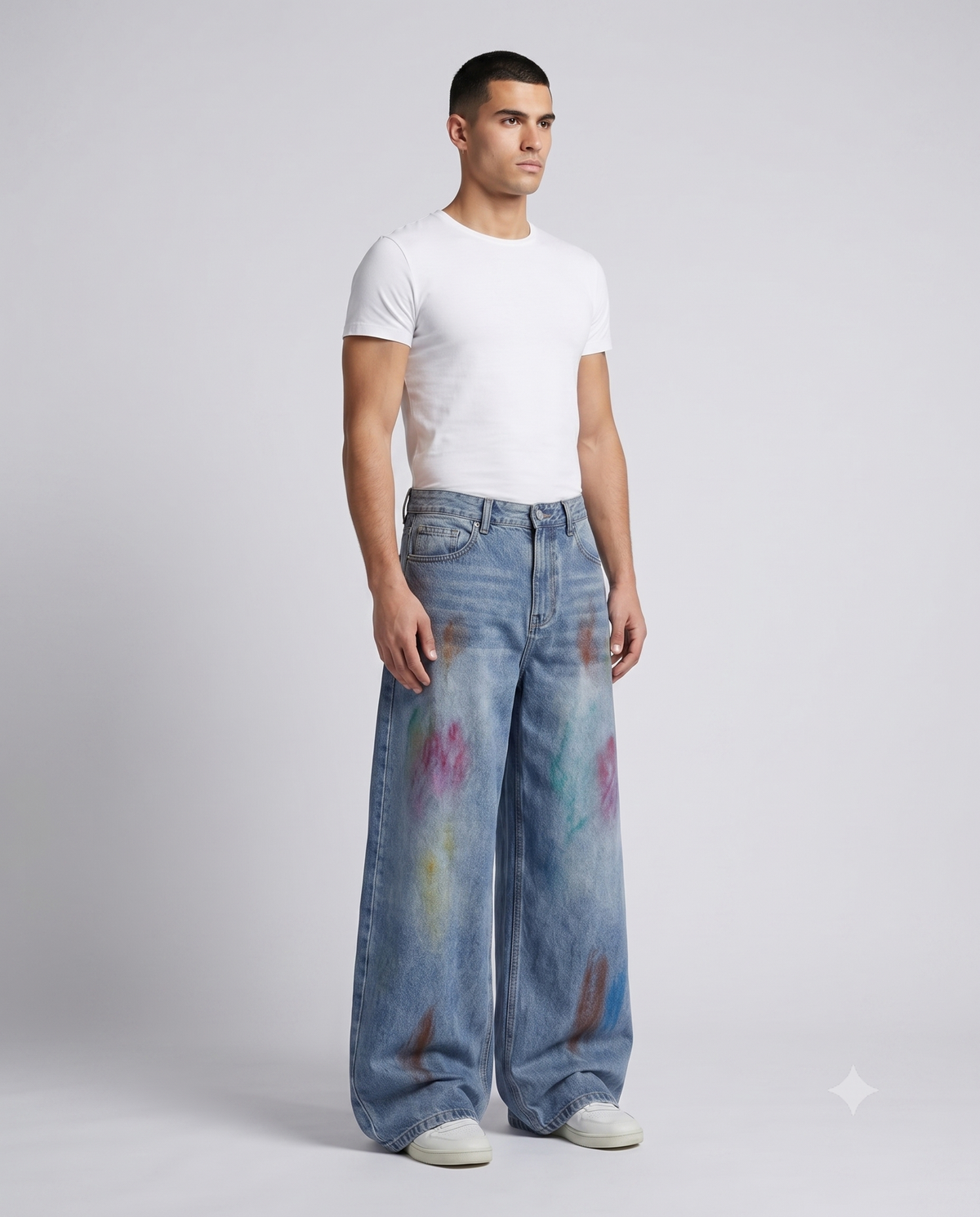 Slack Jeans — Ink Drip on model — three-quarter view