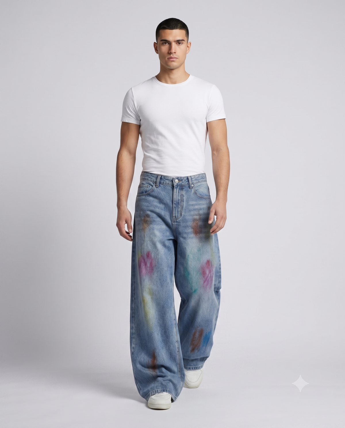 Slack Jeans — Ink Drip on model — walking, fabric in motion