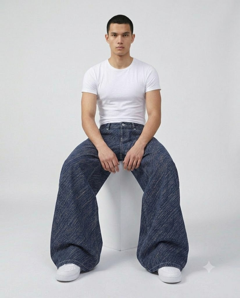 Easy Jeans — Wave Stripe on model — seated fit view