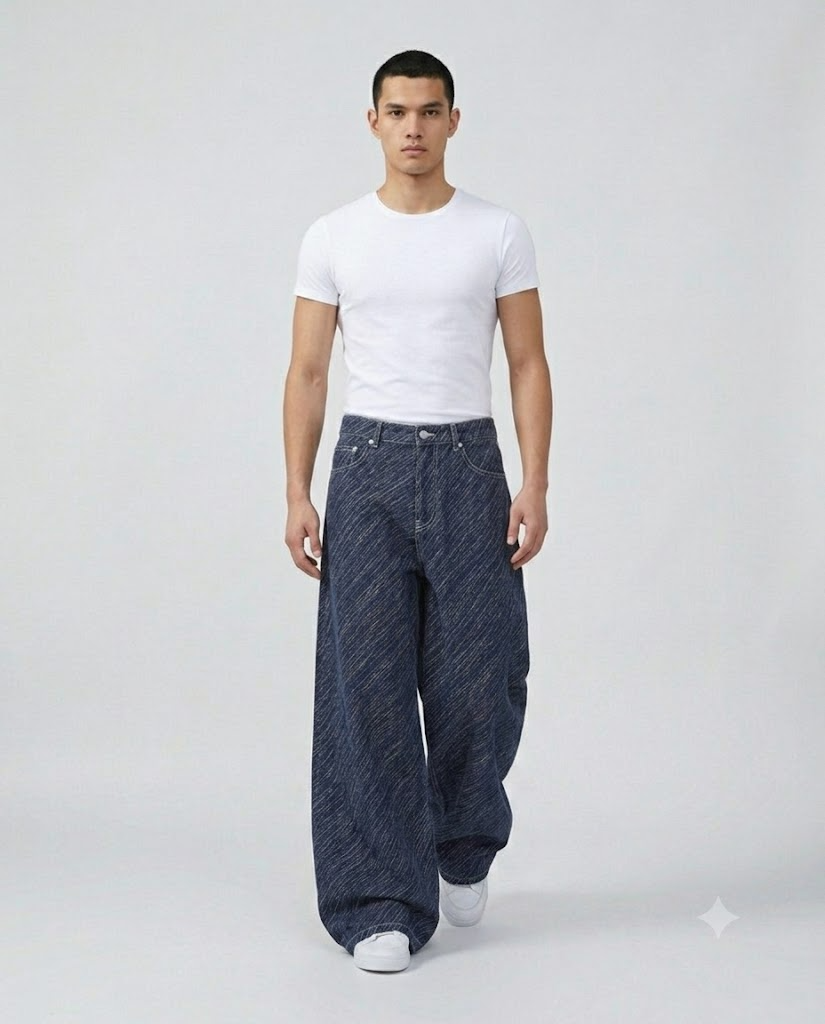 Easy Jeans — Wave Stripe on model — walking, fabric in motion