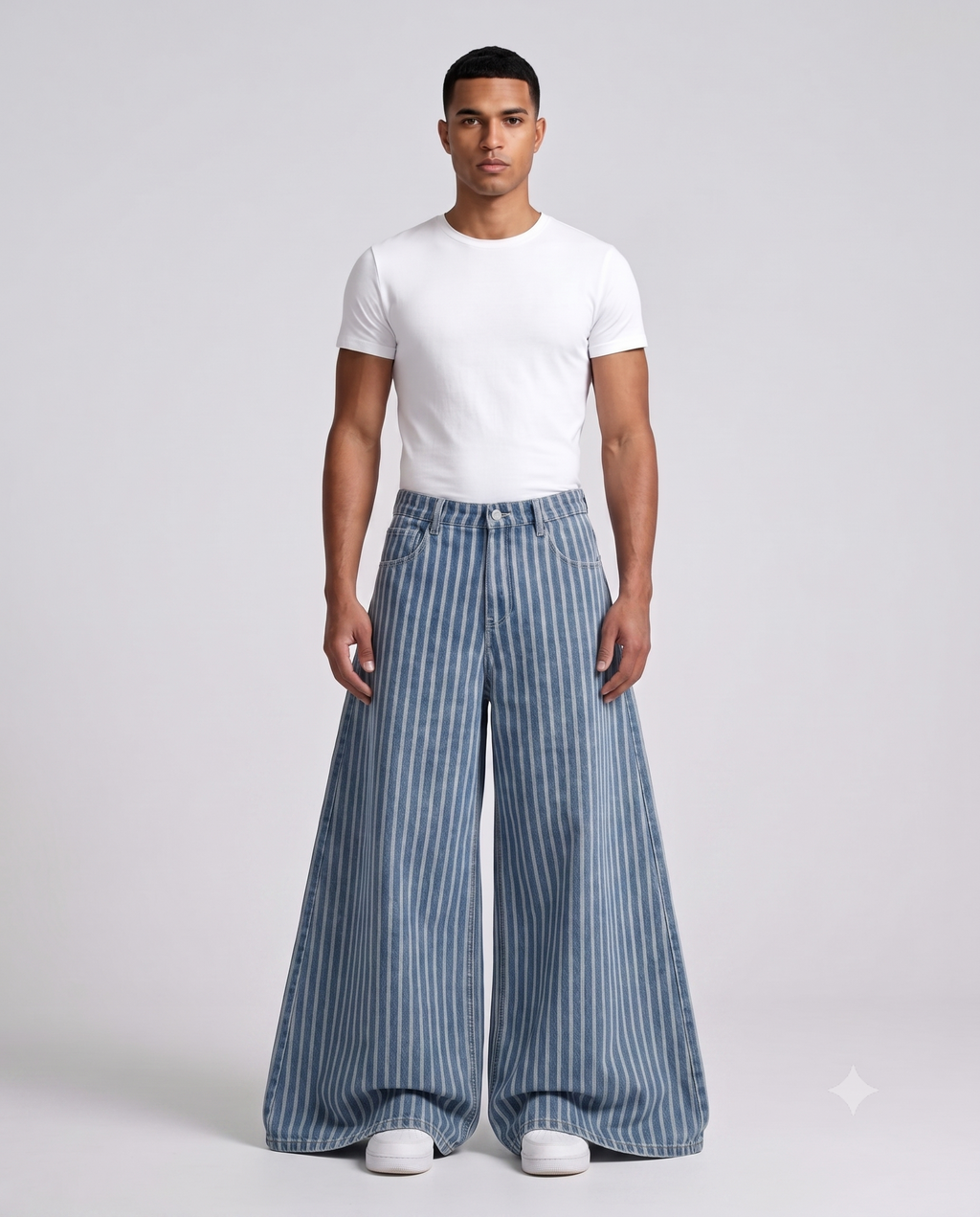Easy Jeans — Shore Stripe on model — walking, fabric in motion