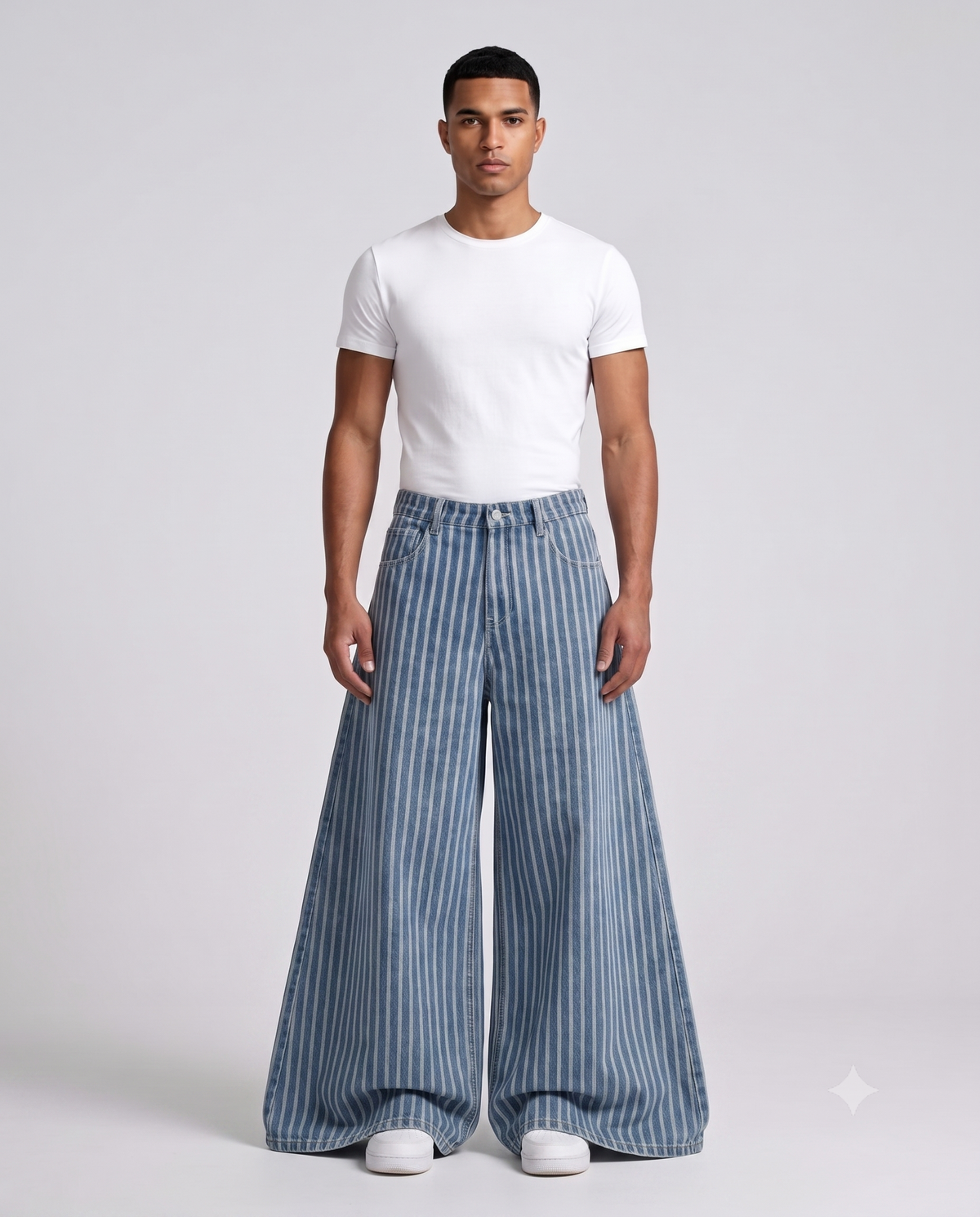 Easy Jeans — Shore Stripe on model — walking, fabric in motion