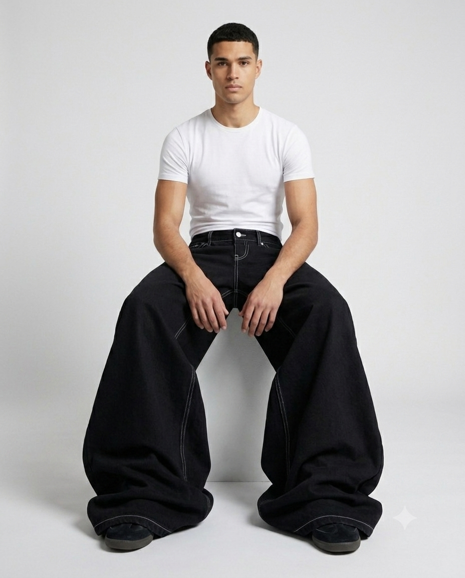 Maxout Jeans — Jet Black on model — seated fit view
