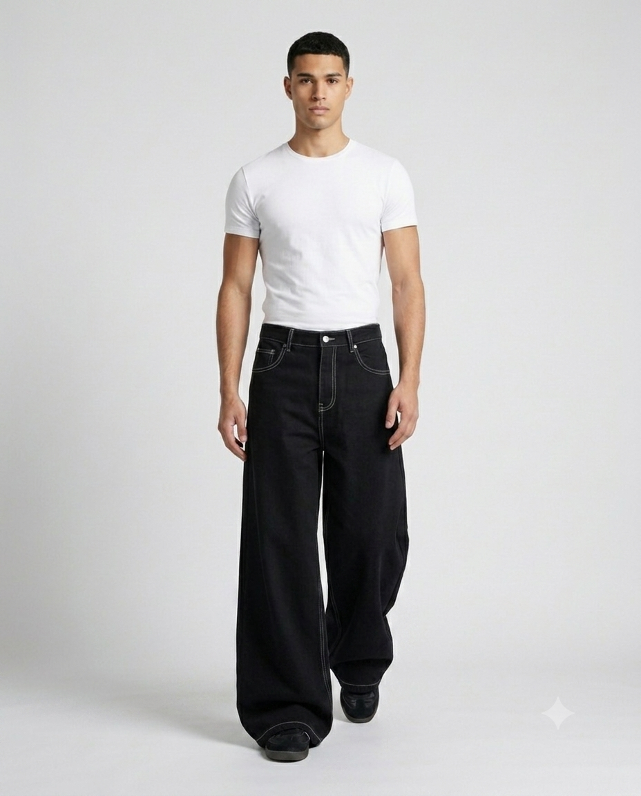 Maxout Jeans — Jet Black on model — walking, fabric in motion