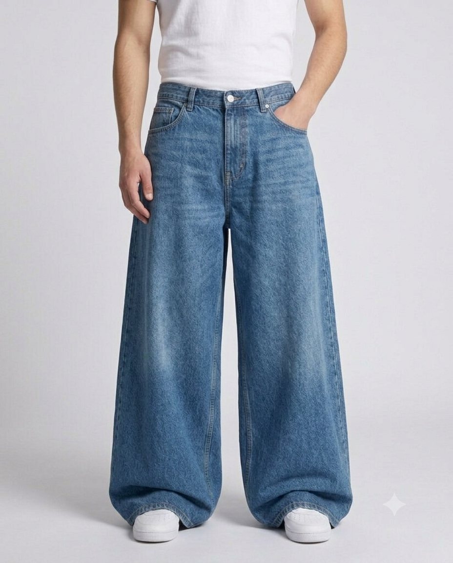 Slack Jeans — Loom Blue on model — waist and pocket detail