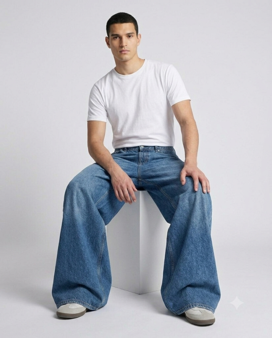 Slack Jeans — Loom Blue on model — seated fit view