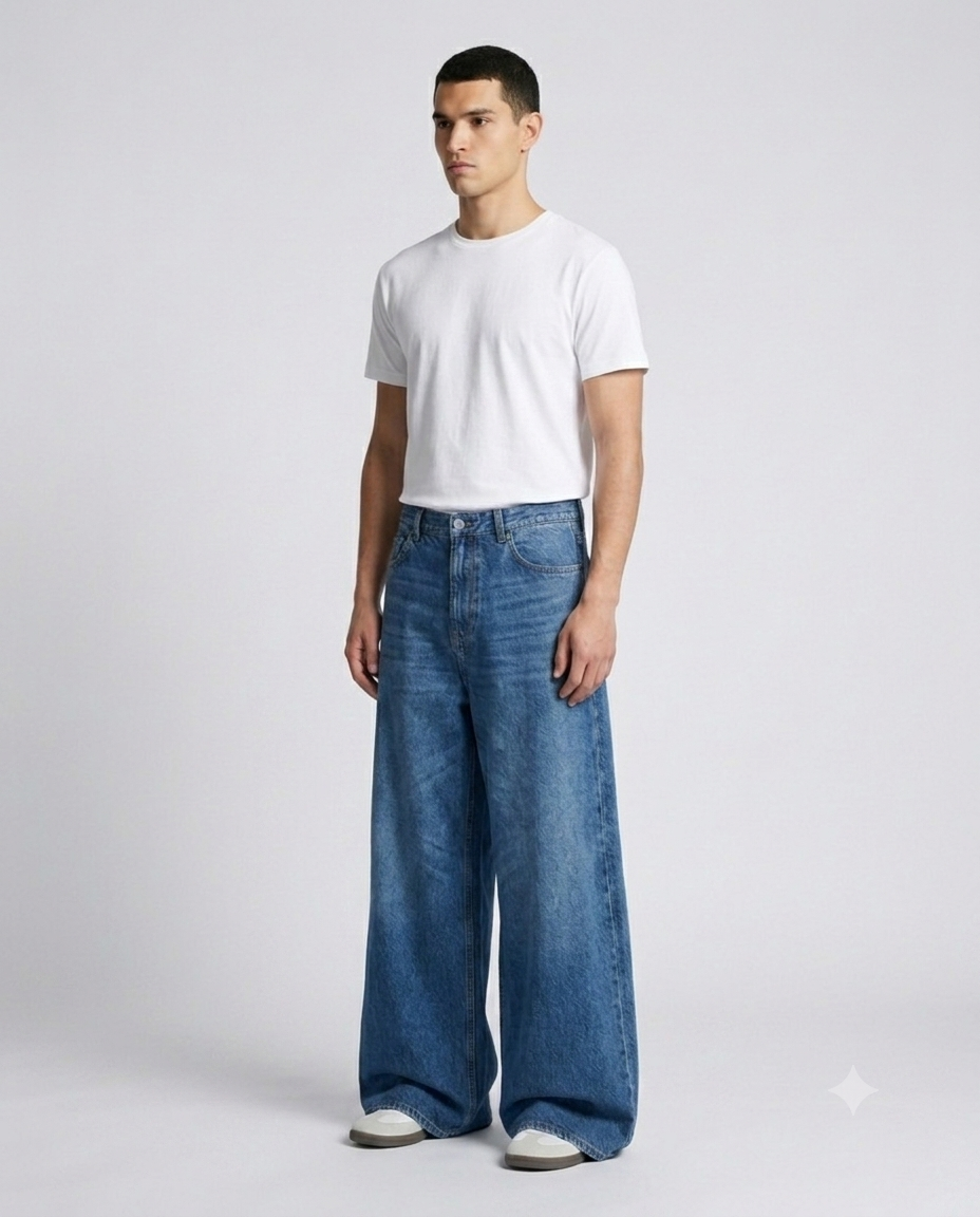 Slack Jeans — Loom Blue on model — three-quarter view