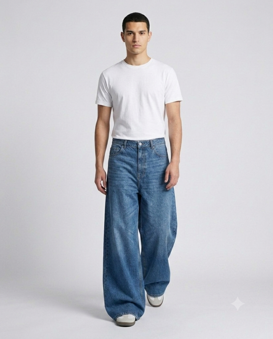 Slack Jeans — Loom Blue on model — walking, fabric in motion