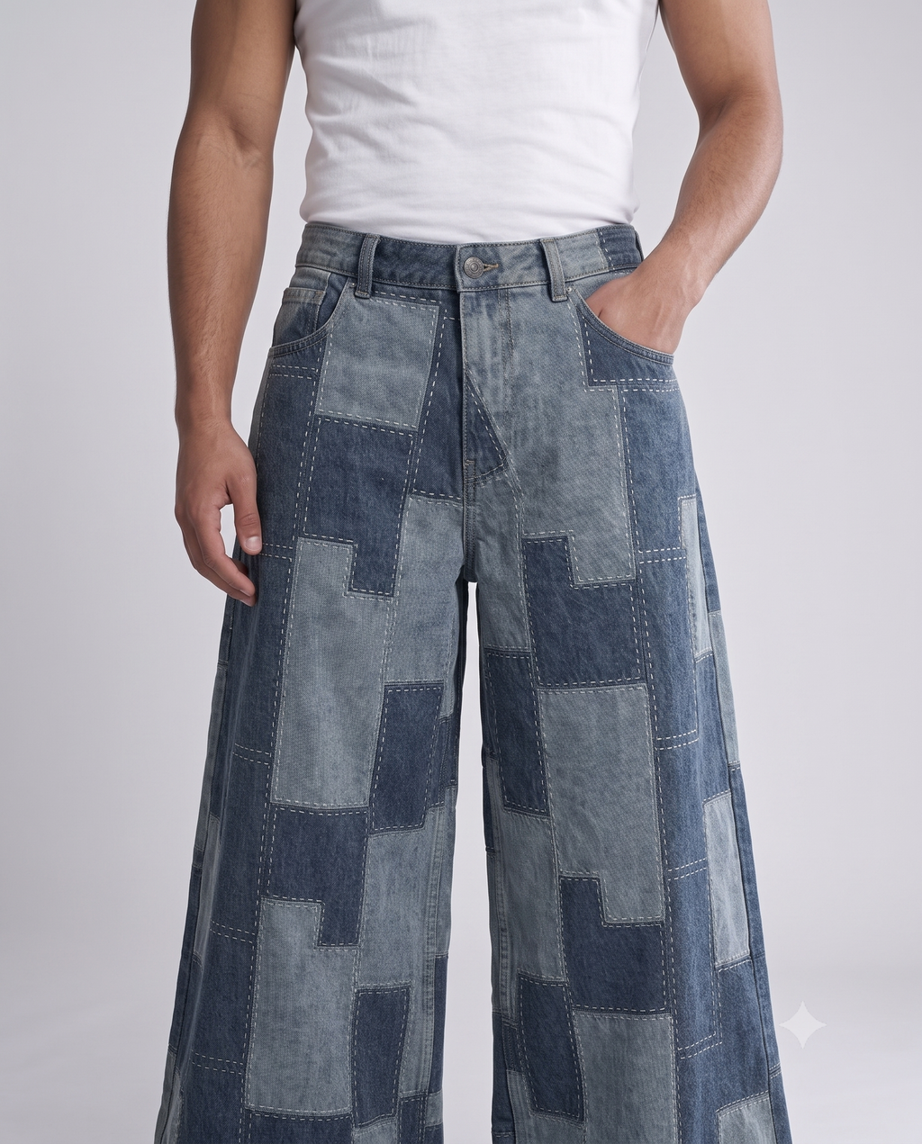Boulevard Jeans — Pixel Fade on model — waist and pocket detail
