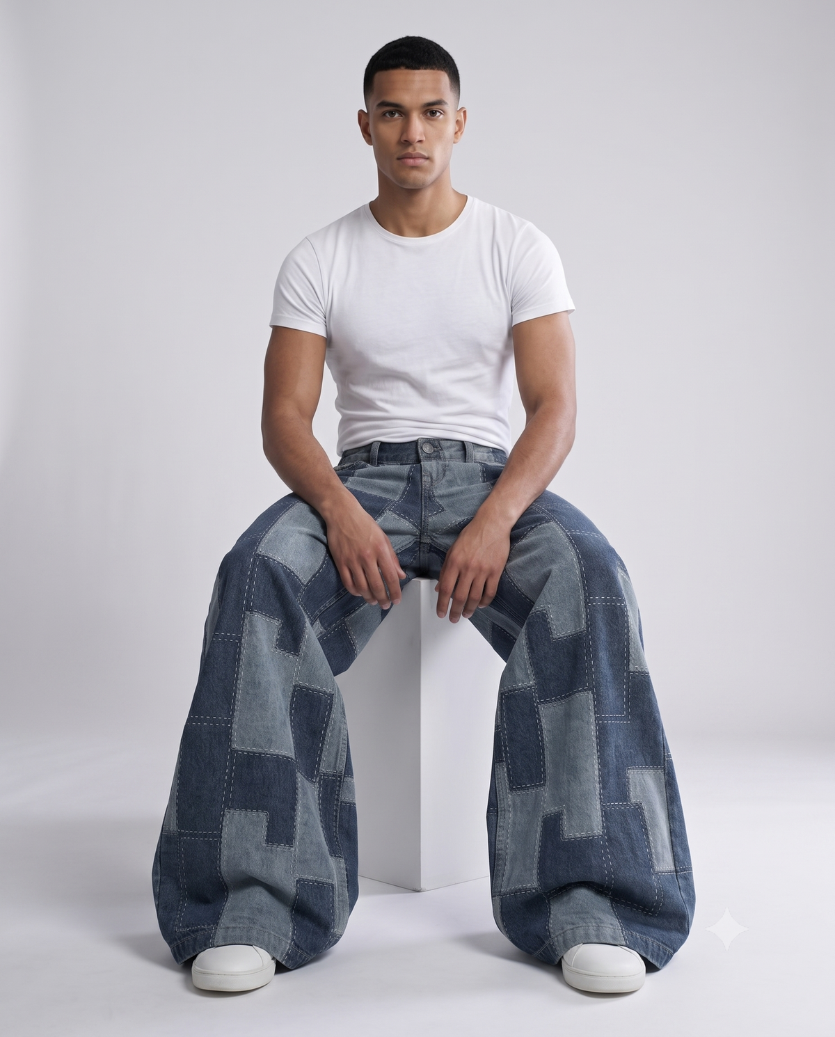 Boulevard Jeans — Pixel Fade on model — seated fit view
