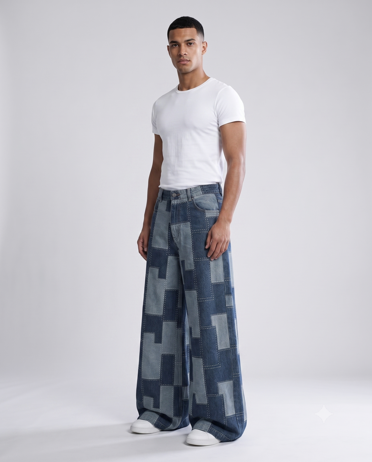 Boulevard Jeans — Pixel Fade on model — three-quarter view