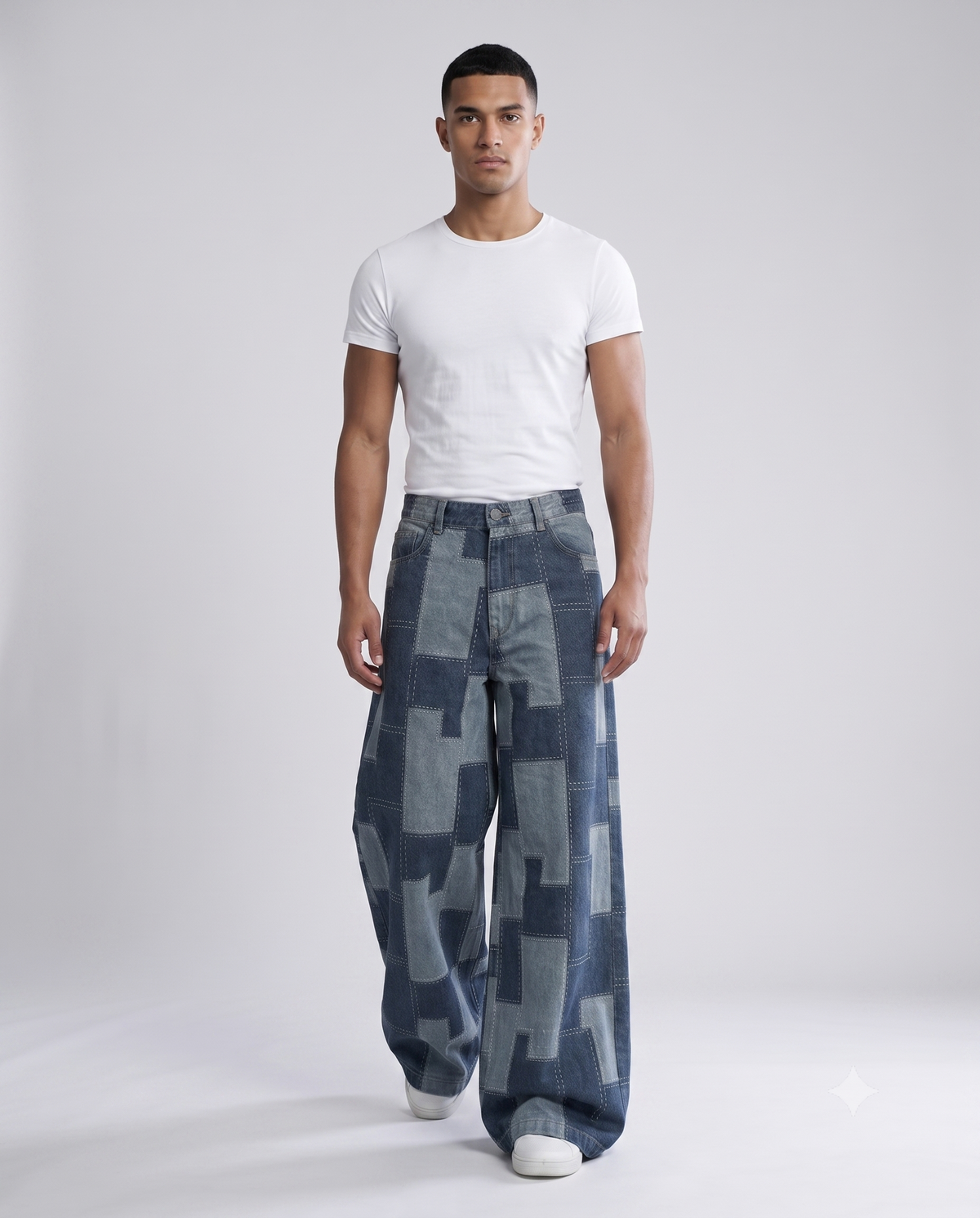 Boulevard Jeans — Pixel Fade on model — walking, fabric in motion