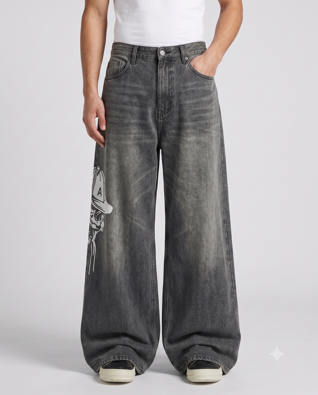 Maxout Jeans Skull Smoke on model — waist and pocket detail