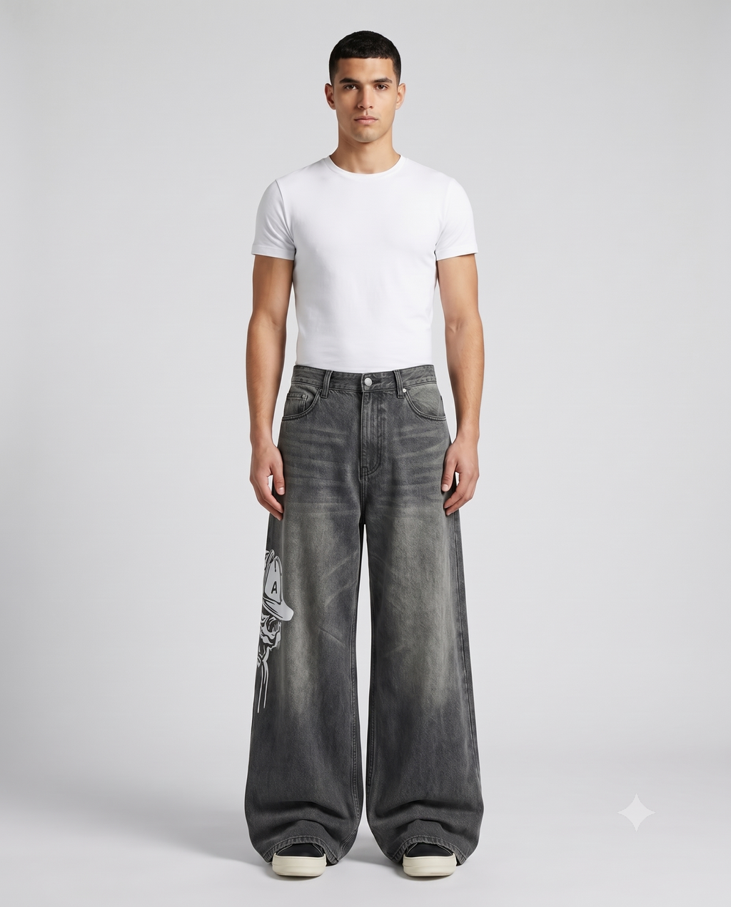 Maxout Jeans Skull Smoke on model — walking, fabric in motion