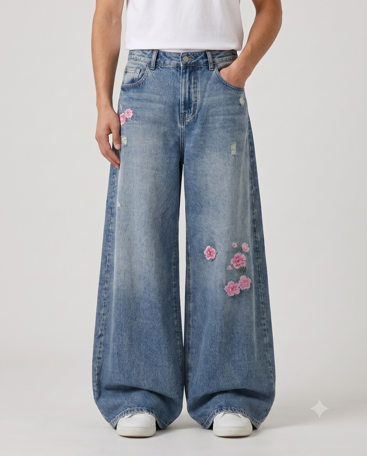 Boulevard Distressed Jeans Cherry Fade on model — waist and pocket detail