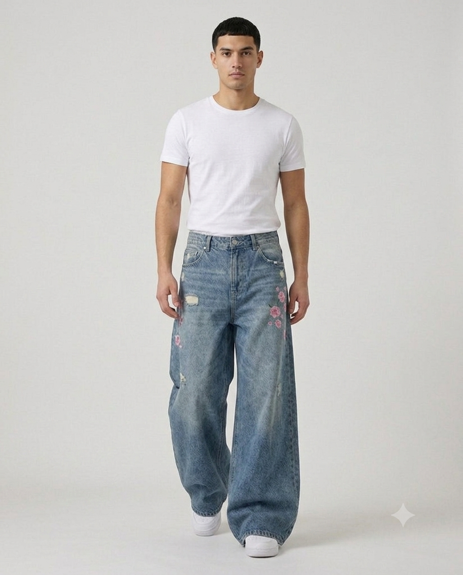 Boulevard Distressed Jeans — Cherry Fade — walking, fabric in motion