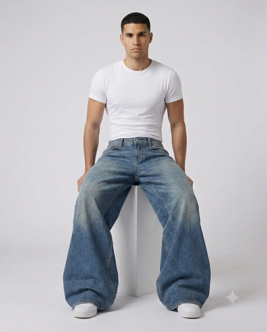 Easy Jeans — Heritage Wash on model — seated fit view