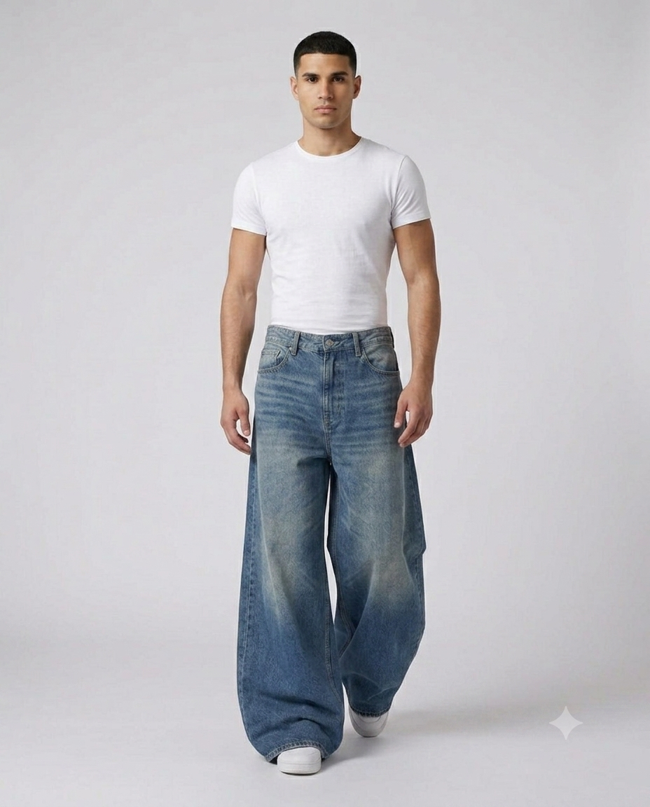 Easy Jeans — Heritage Wash on model — walking, fabric in motion