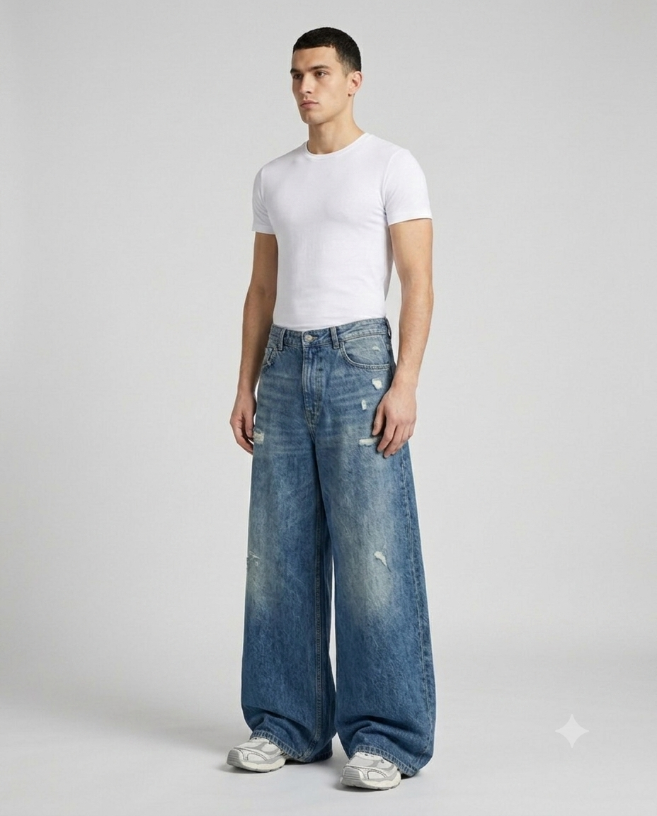 Slack Ripped Jeans — Worn Blue on model — three-quarter view