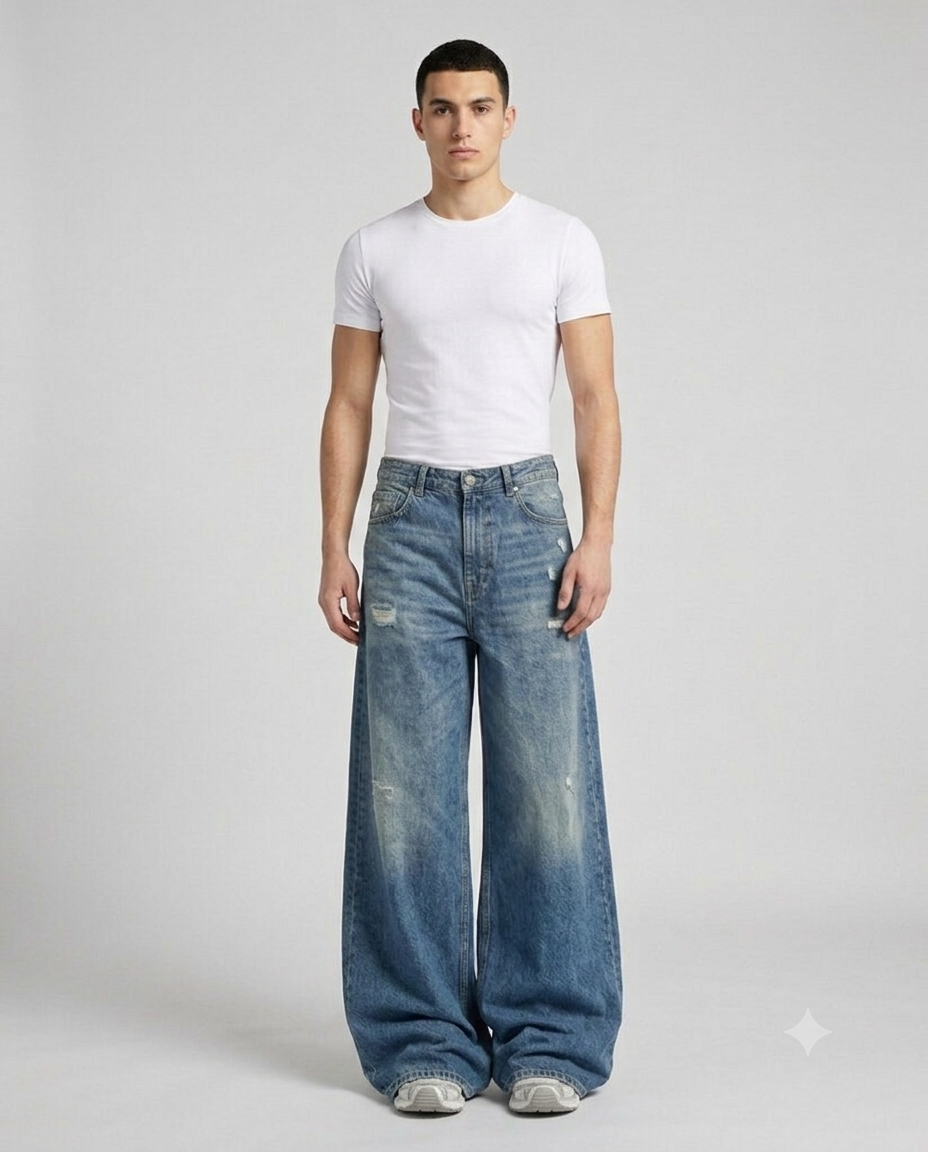 Slack Ripped Jeans — Worn Blue on model — walking, fabric in motion