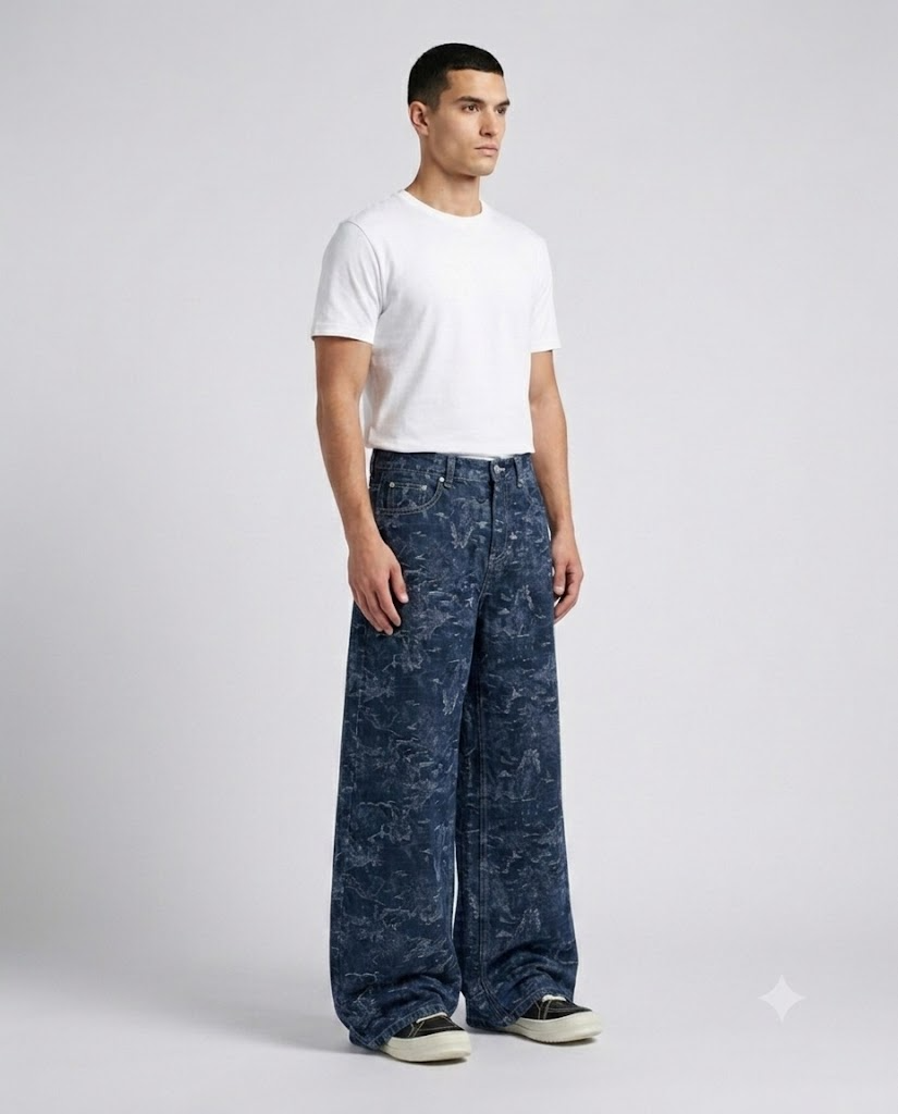 Boulevard Jeans — Dark Weave on model — three-quarter view